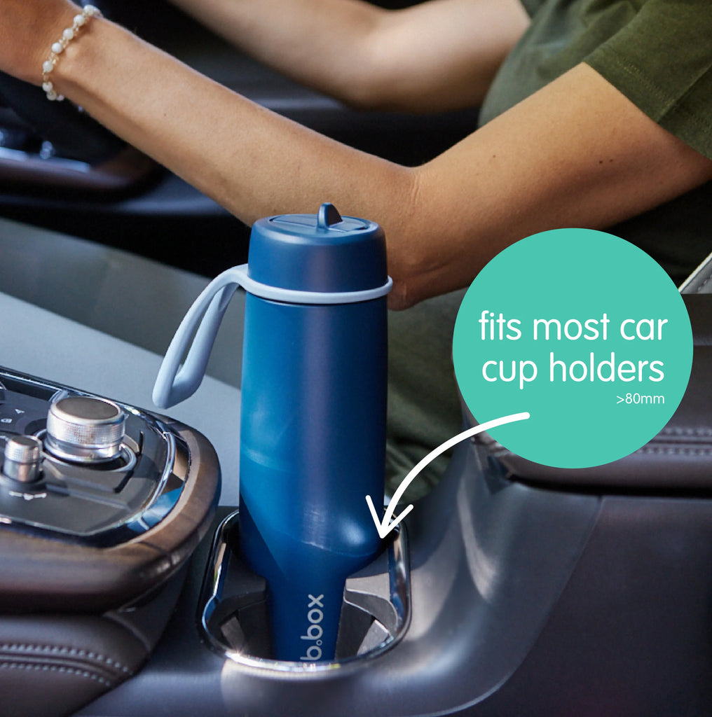 bbox 690ml insulated drink bottle with flip top lid in car holder