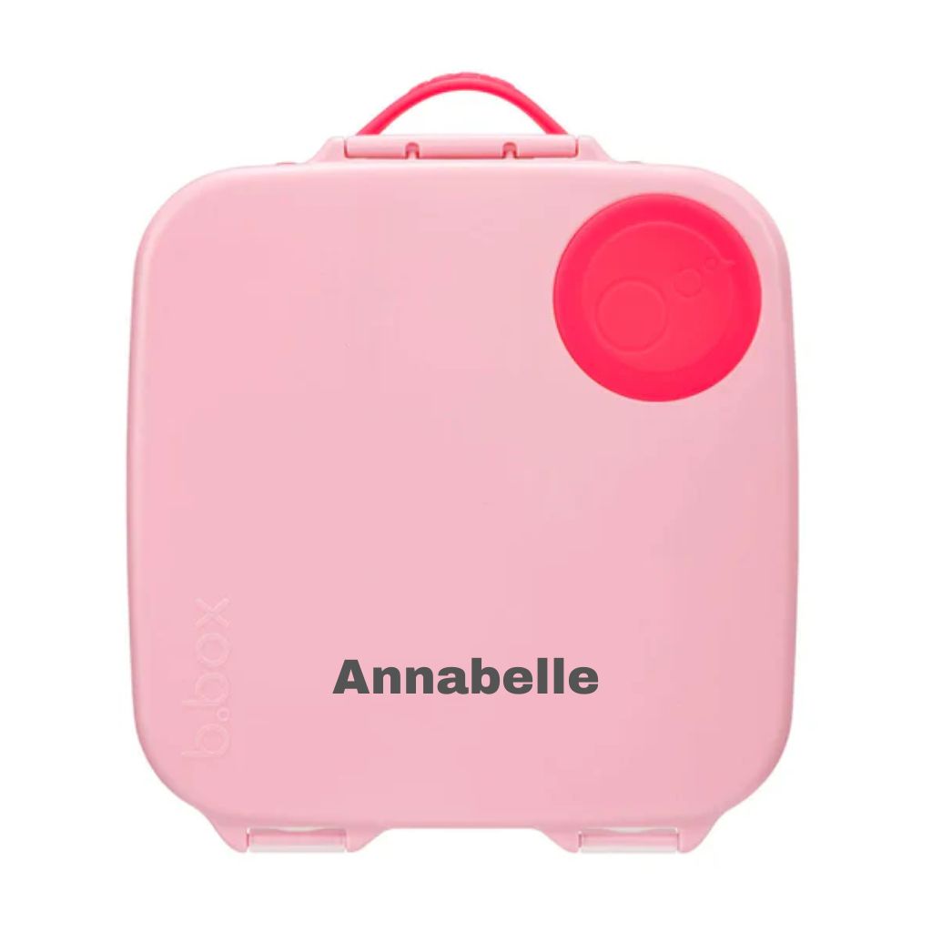 bbox bento lunchbox in flamingo fizz colour with personalisation name