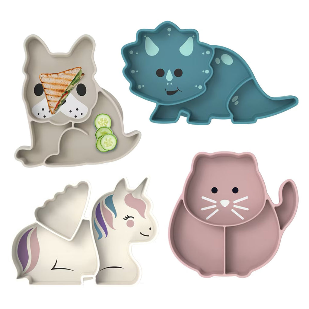 Melii Luxe Suction Cups in Unicorn, bulldog, cat and dinosaur shapes for babies and toddlers