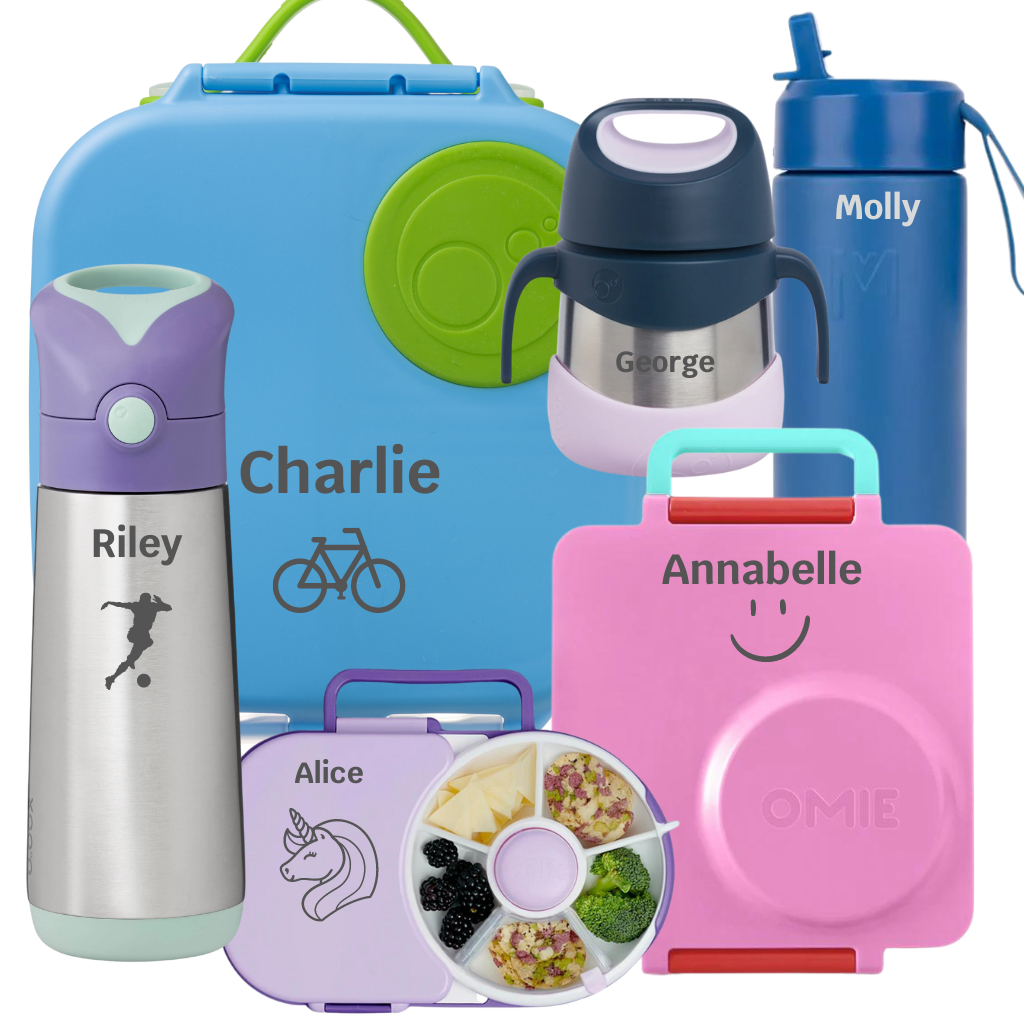 Laser name personalisation of bbox lunchboxes, drink bottles and snack boxes