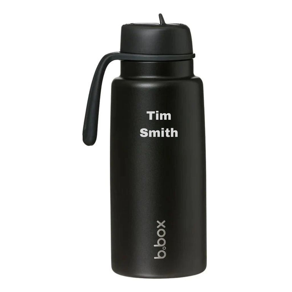 bbox flip top 1 litre insulated drink bottle in black deep space colour with personalised name engraved