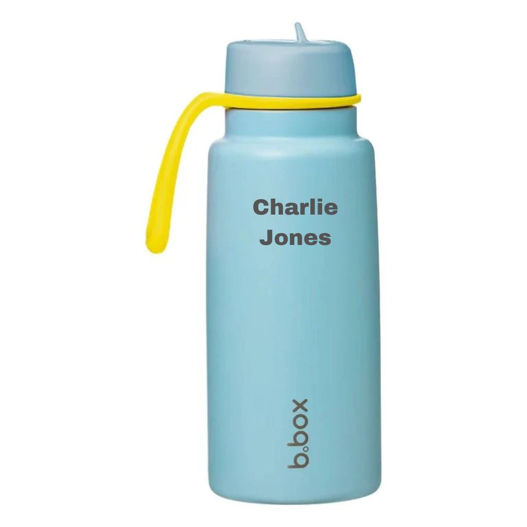 bbox flip top 1 litre insulated stainless steel drink bottle in pool side blue colour with a laser name etched on to it