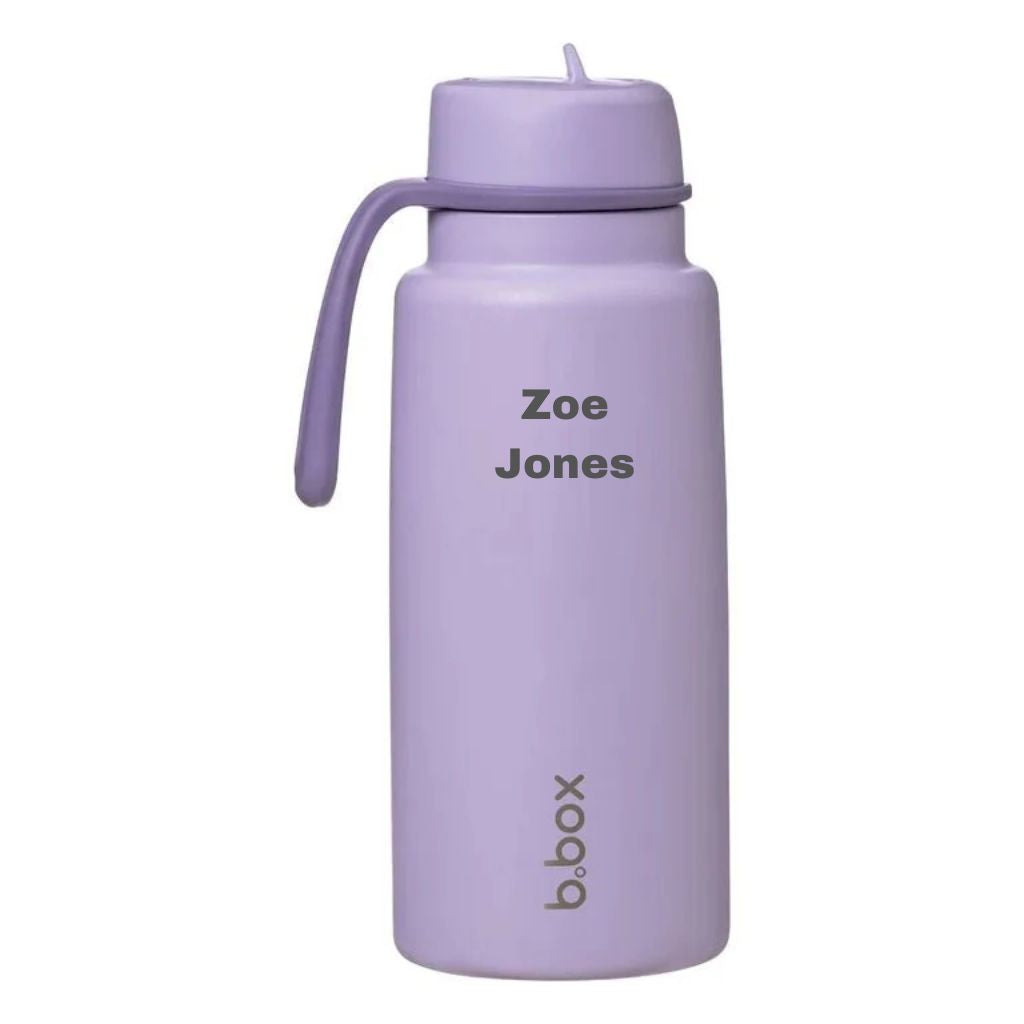 bbox flip top 1 litre insulated stainless steel drink bottle in purple lilac colour with laser engraved name