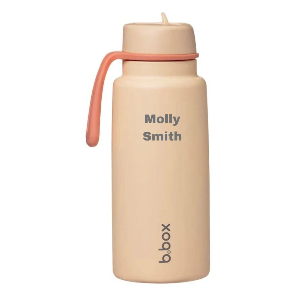 bbox flip top 1 litre insulated stainless steel drink bottle in melon mist orange peach colour with a name engraved on it