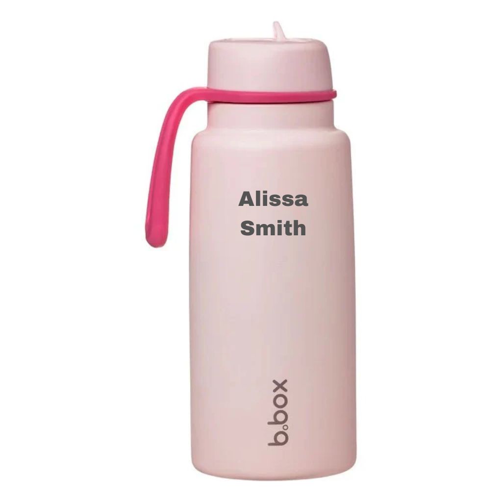 bbox flip top 1 litre insulated stainless steel drink bottle in pink paradise colour with a name permanently laser etched on it